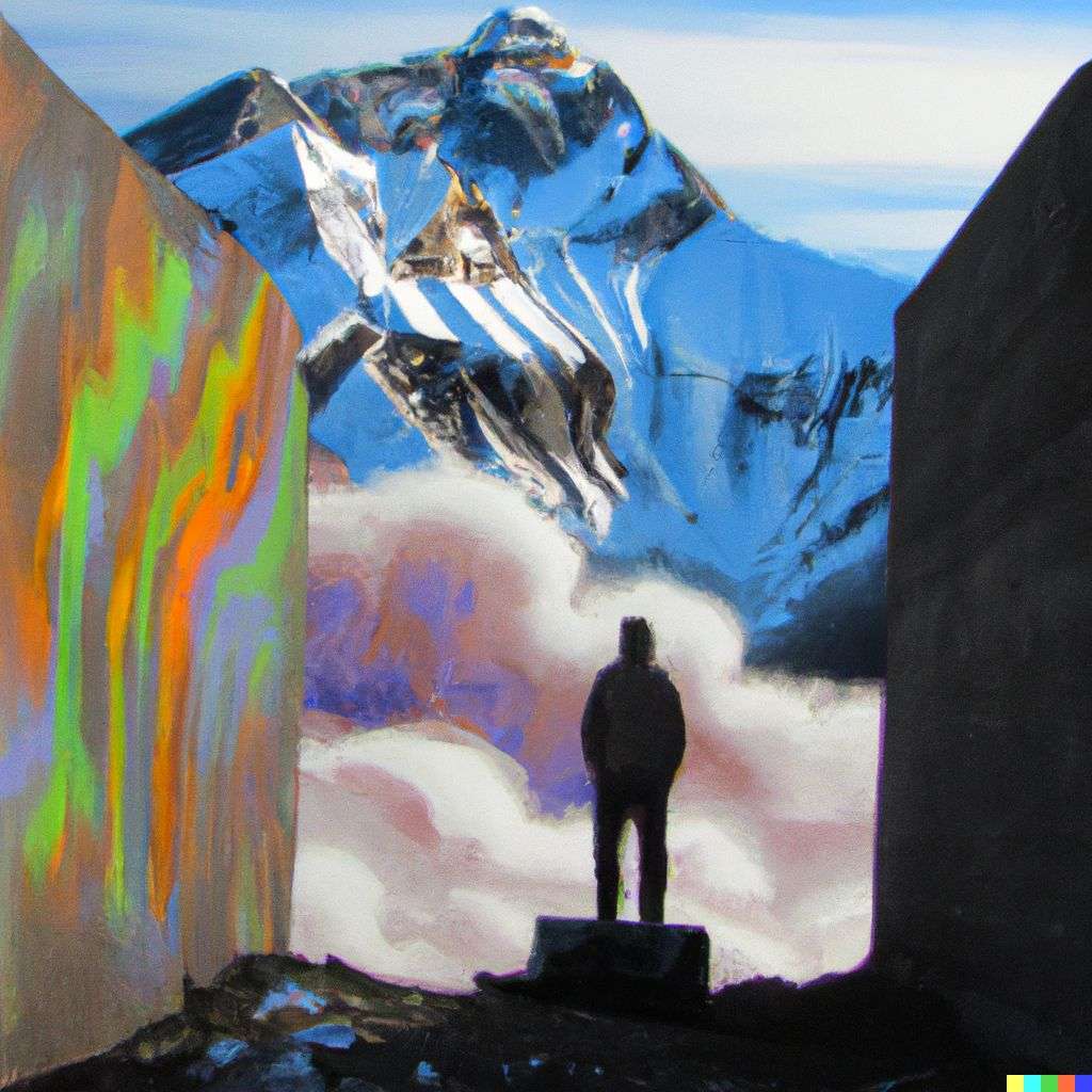 someone gazing at Mount Everest, spray paint art